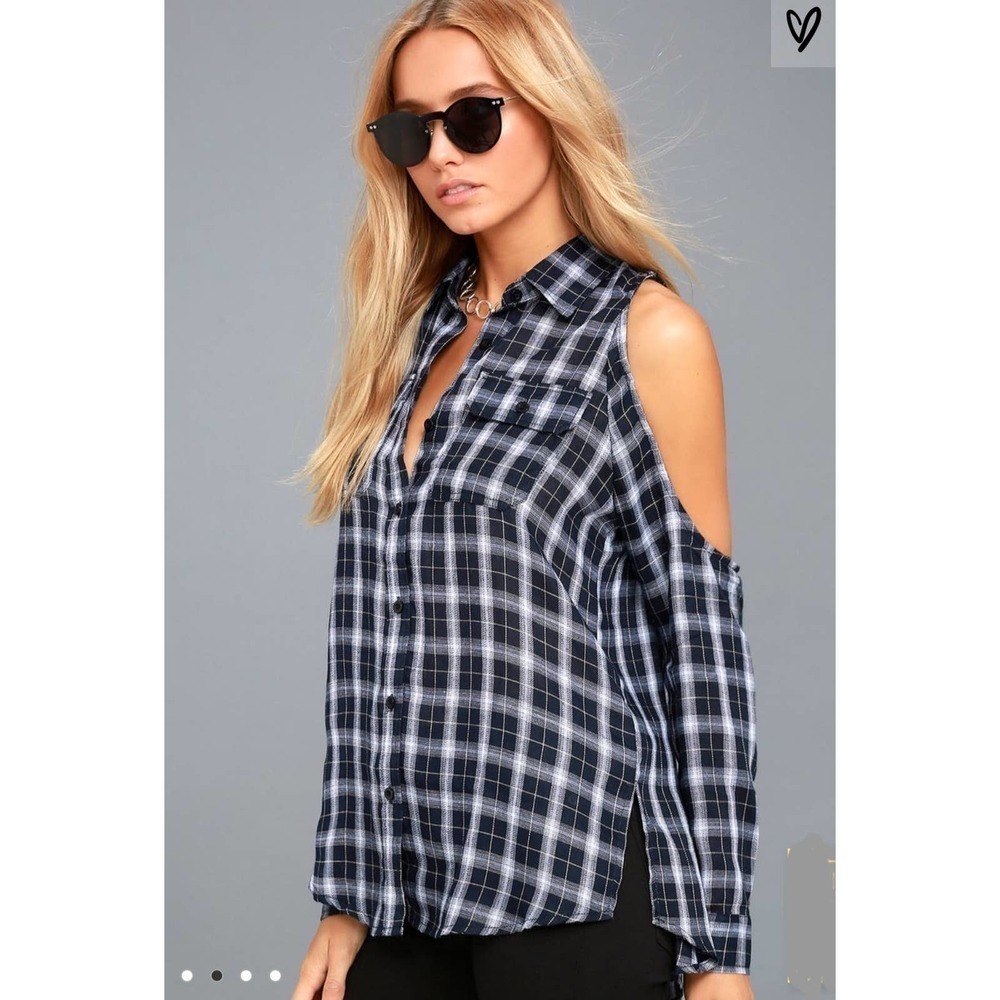LULUS Navy Blue Plaid Cold-Shoulder Top Size M
